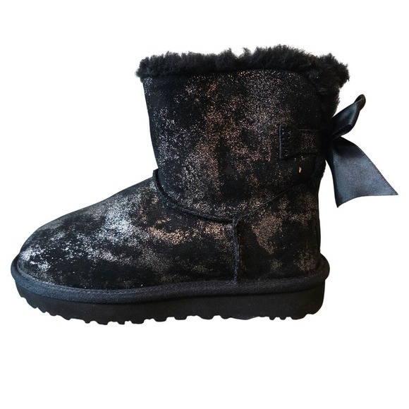 UGG Shoes - UGG Mini Bailey Bow Metallic Crackle Black Silver Boots 1125795 Womens 5